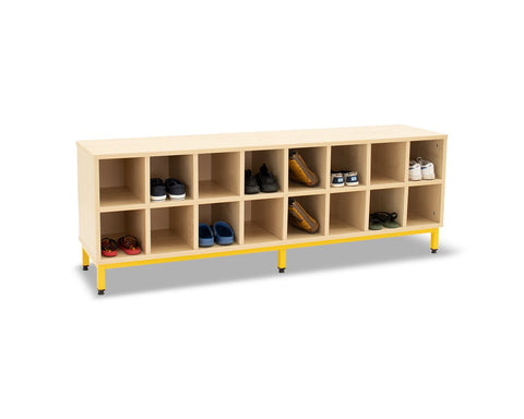 16 Compartment Bench-Cloakroom, Shelves, Storage, Wellbeing Furniture-Beech-Yellow-Learning SPACE