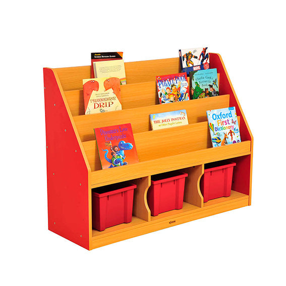 Milan Tiered Bookcases with 3 Coloured Trays-Bookcases, Classroom Displays, Classroom Furniture, Shelves, Storage, Storage Bins & Baskets, Wellbeing Furniture-Red-Learning SPACE