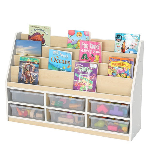 Modern Thrifty 6 Compartment Book Storage with 6 Clear Trays-Bookcases, Classroom Displays, Shelves, Storage, Storage Bins & Baskets, Wellbeing Furniture-Learning SPACE